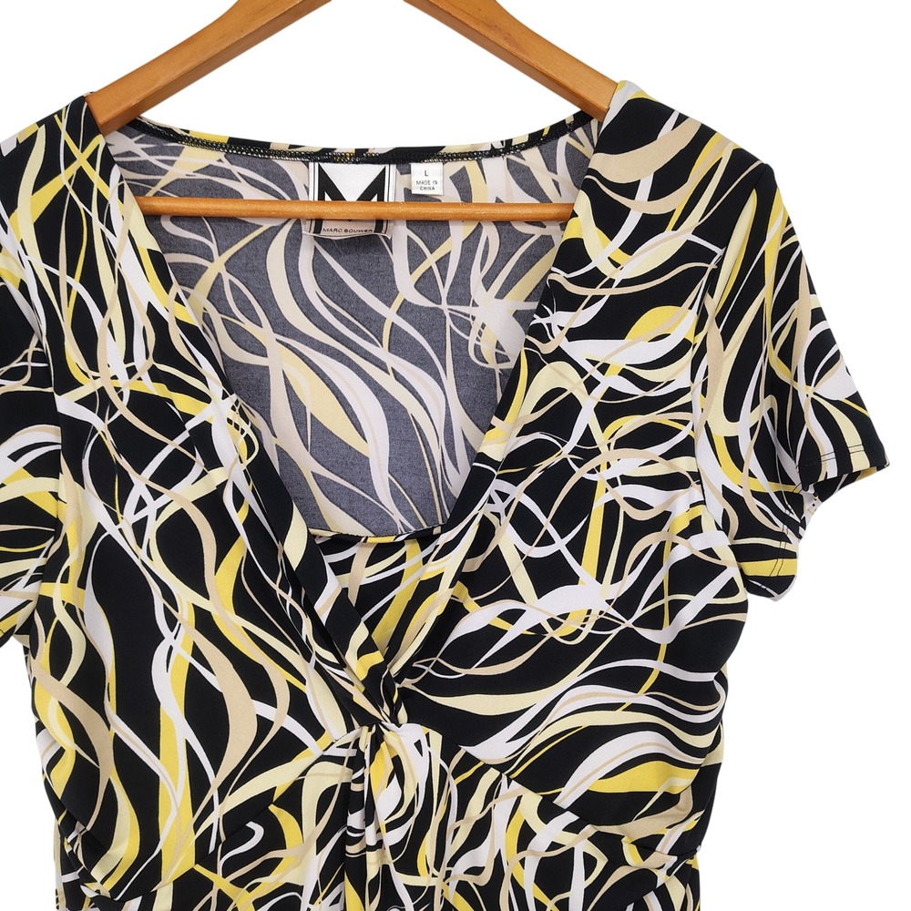 Marc Bouwer Abstract Retro Blouse Women Large Black Yellow Twist Front Mod Y2K